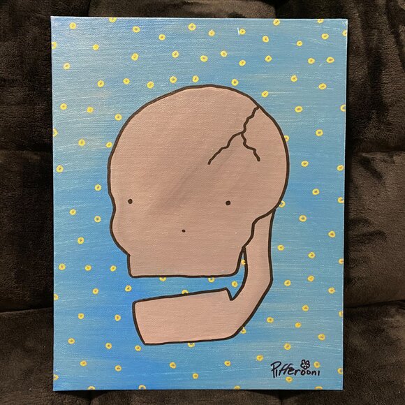 Original Cute Skull gold bubbles on blue background Canvas Painting - Picture 1 of 1